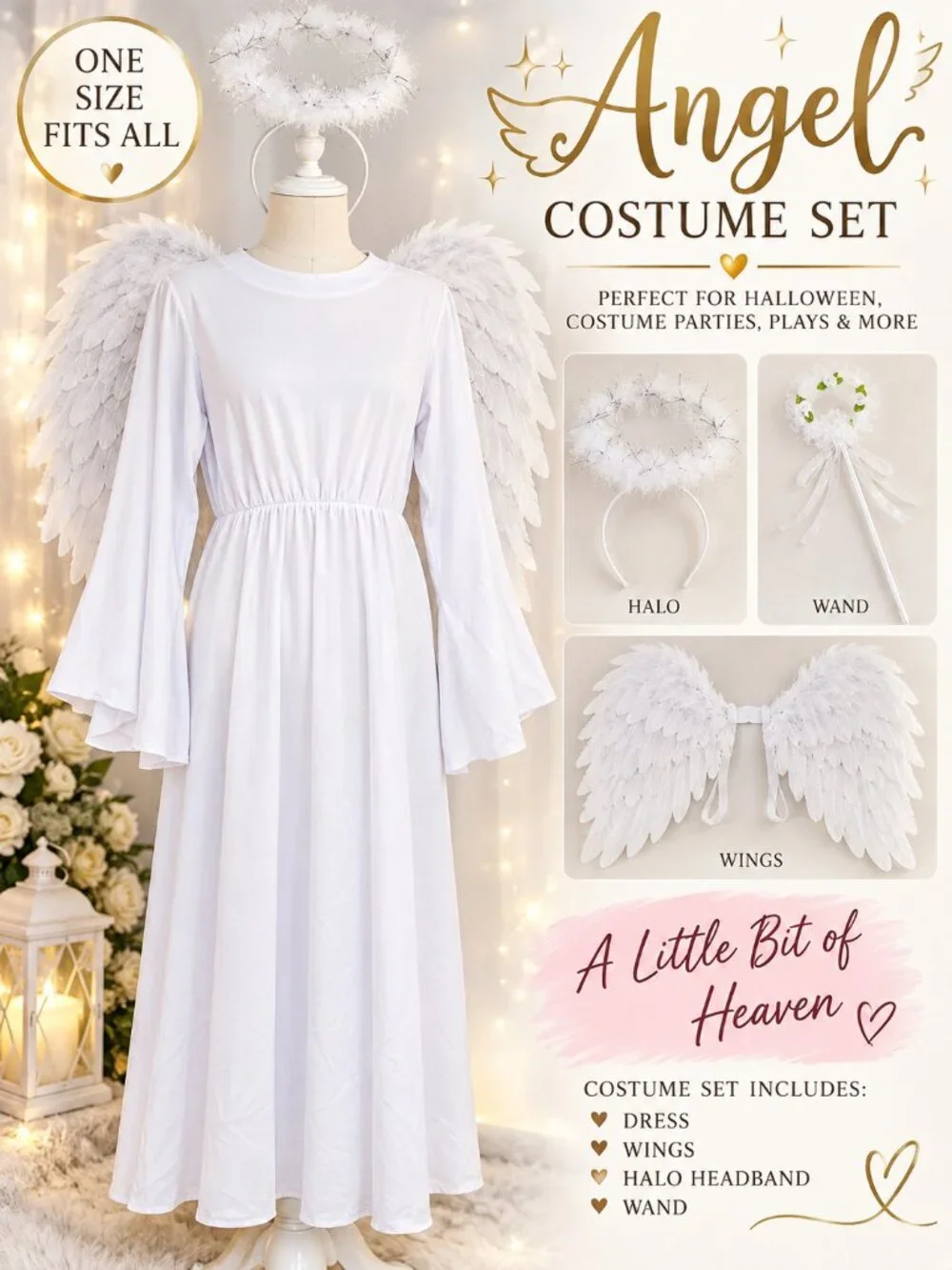 Girls Angel Halloween Costume White Dress Wings Halo Wand 4 Piece Set One Size